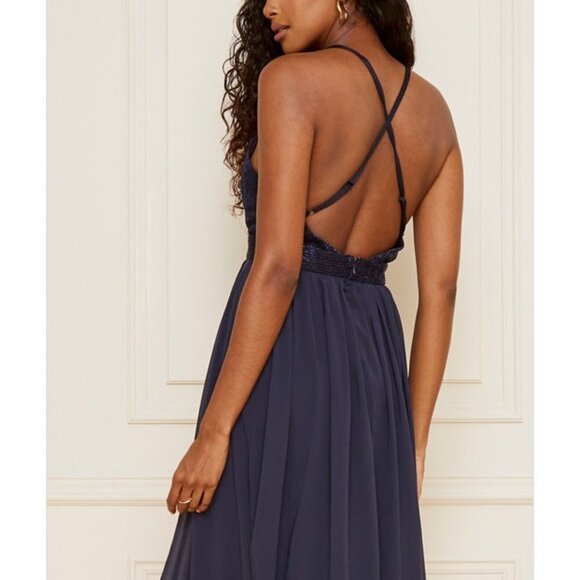 Le Chateau Navy Blue Metallic Knit Deep-V Fit & Flare Dress Size XXL - Picture 5 of 7